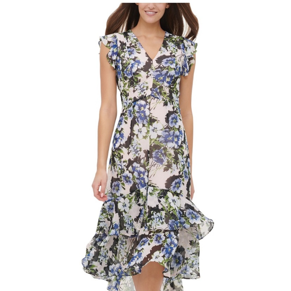 NWT Chiffon Floral Flutter-Sleeve Dress